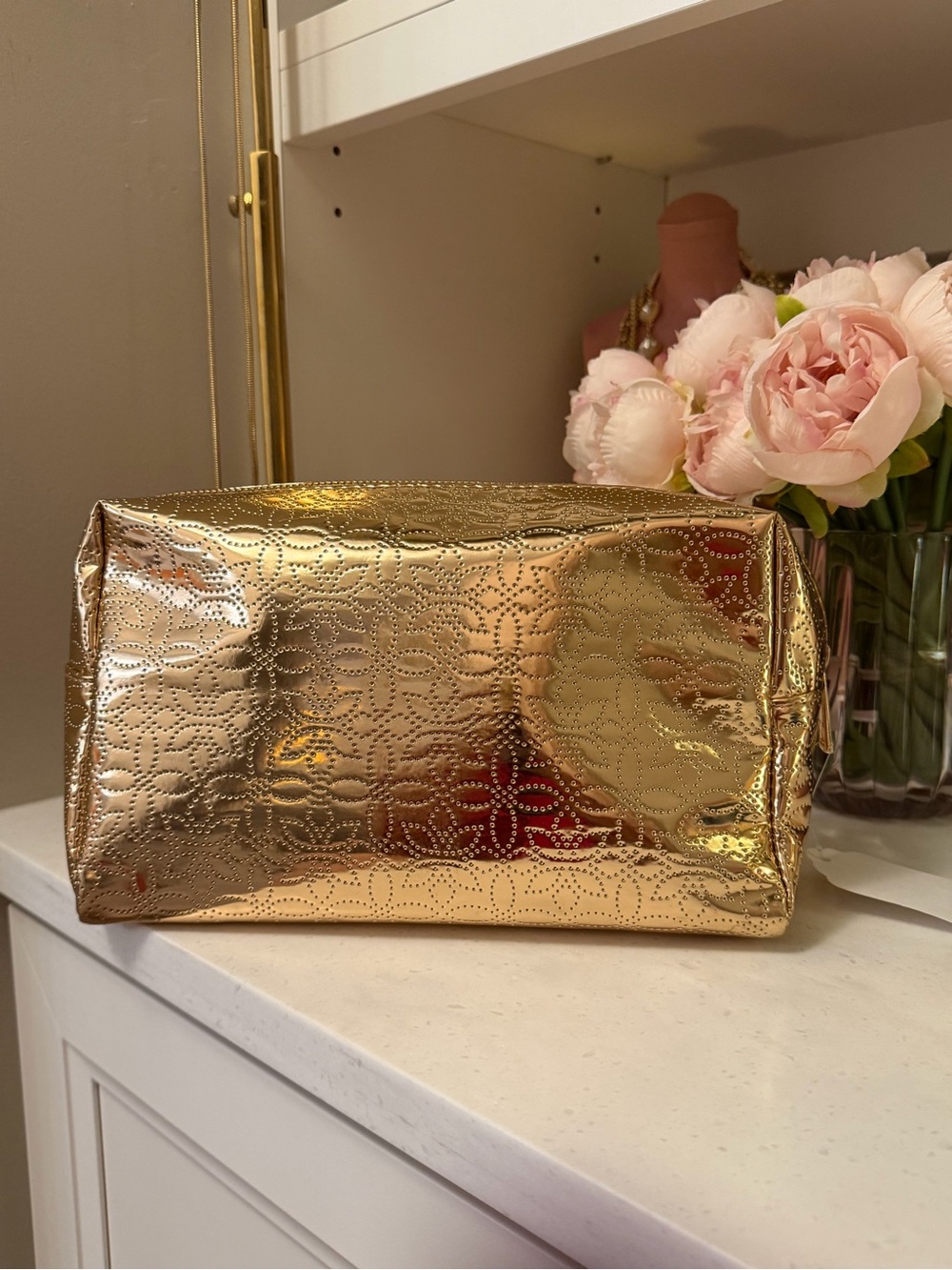 Sparkling Gold NWT Metallic Floral Embossed Women's Cosmetic zipper Pouch